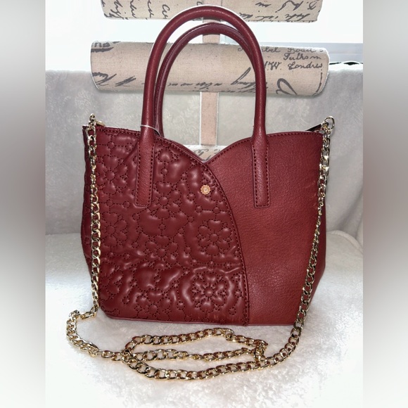 Item sold**LAUREN CONRAD FAUX LEATHER BURGUNDY W GOLD CHAIN FLOWER ELEGANT CROSS - Picture 1 of 13